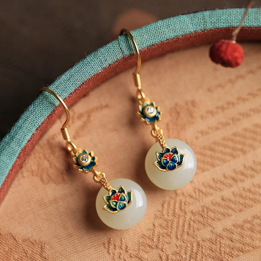 White Jade  Feng Shui Lotus Auspicious Enamel Earrings