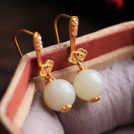 Feng Shui Lute Ancient White Jade Earrings