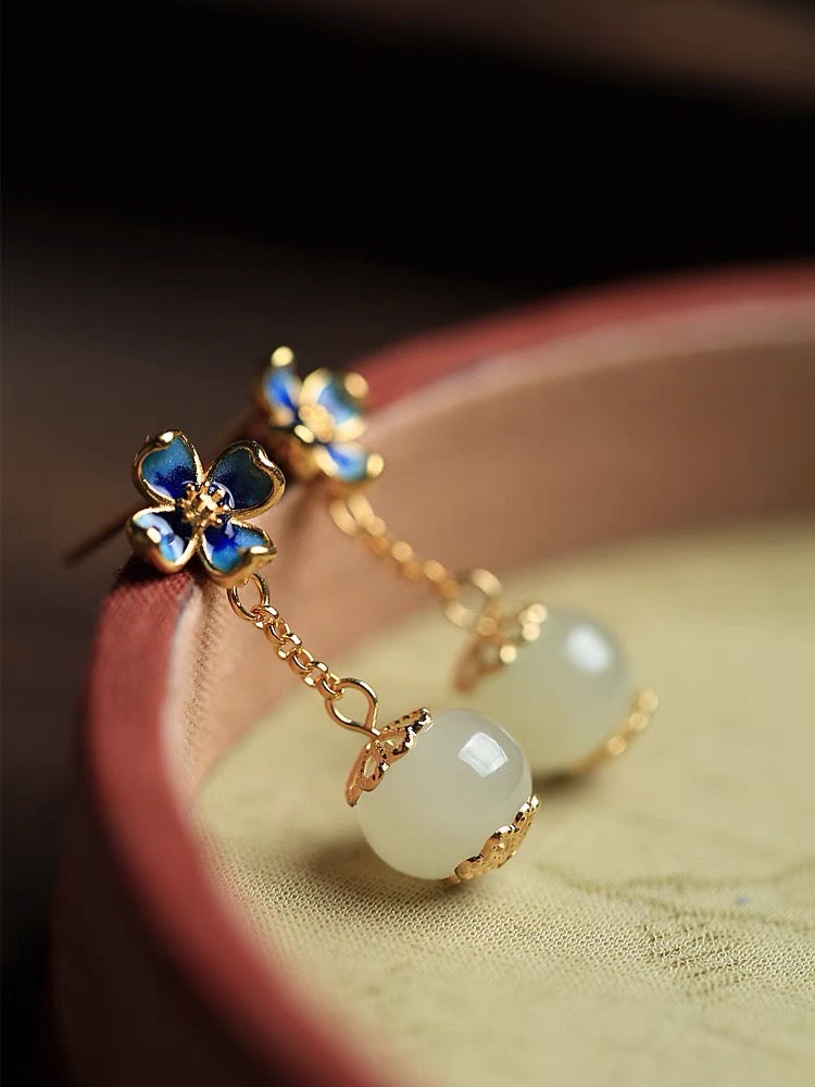 Feng Shui Clover Ancient White Jade Earrings