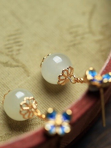 Feng Shui Clover Ancient White Jade Earrings