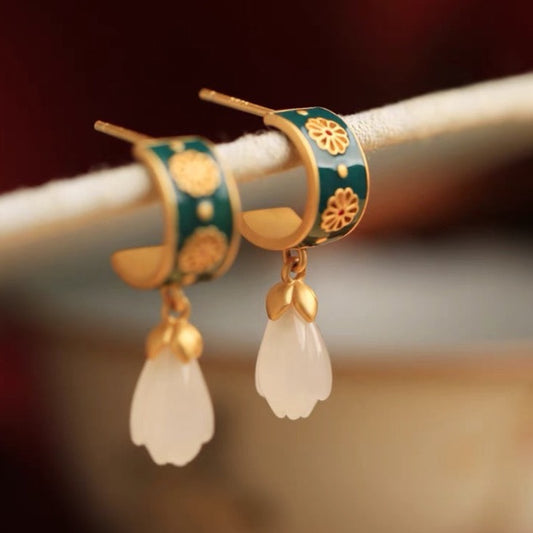 Feng Shui Magnolia Enamel White Jade Earrings