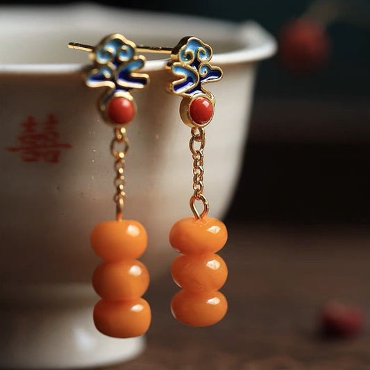 Natural Amber Enamel Feng Shui Persimmon Earrings