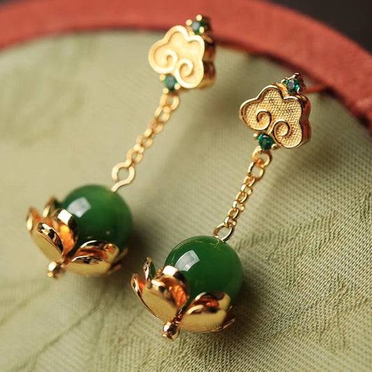 Feng Shui Lotus Clouds Green Jade Earrings