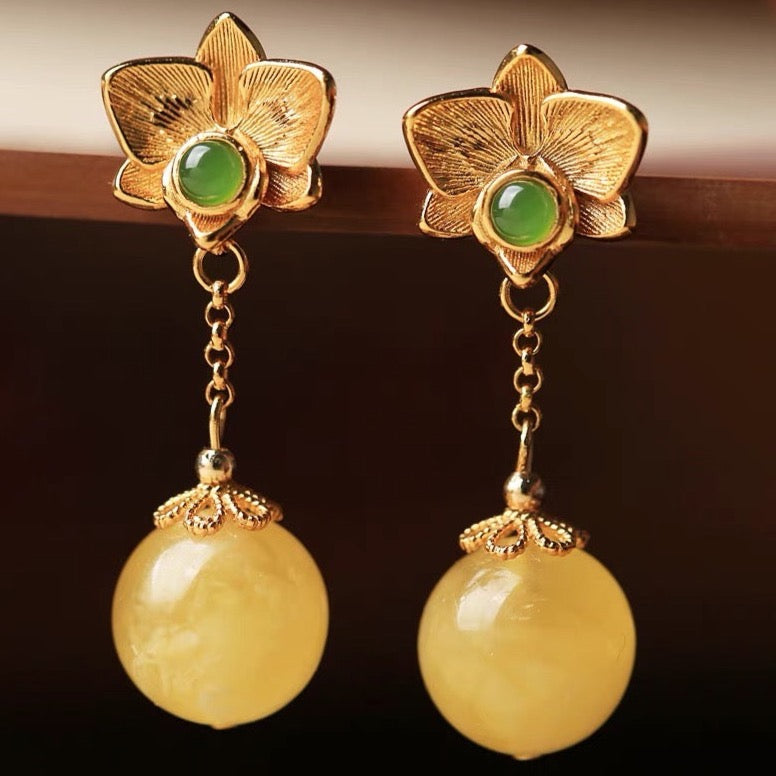 Feng Shui Lotus Amber Earrings