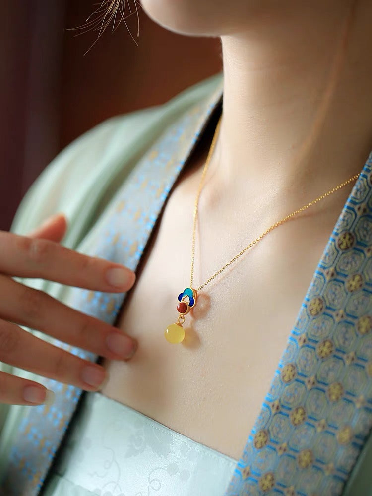 Feng Shui Enamel Amber Stud Pendant Necklace