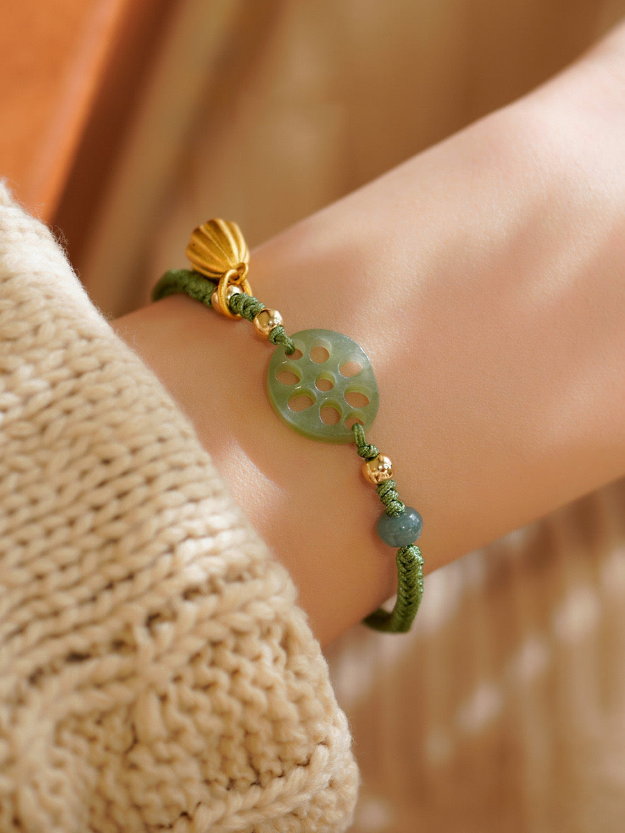 Natural Green Jade Feng Shui Lotus Rope Bracelet