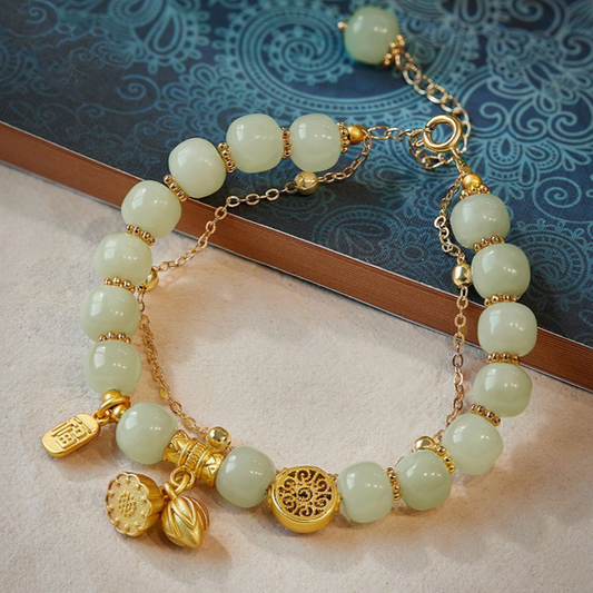 Natural Hetian Jade Lotus Double Layer Bracelet