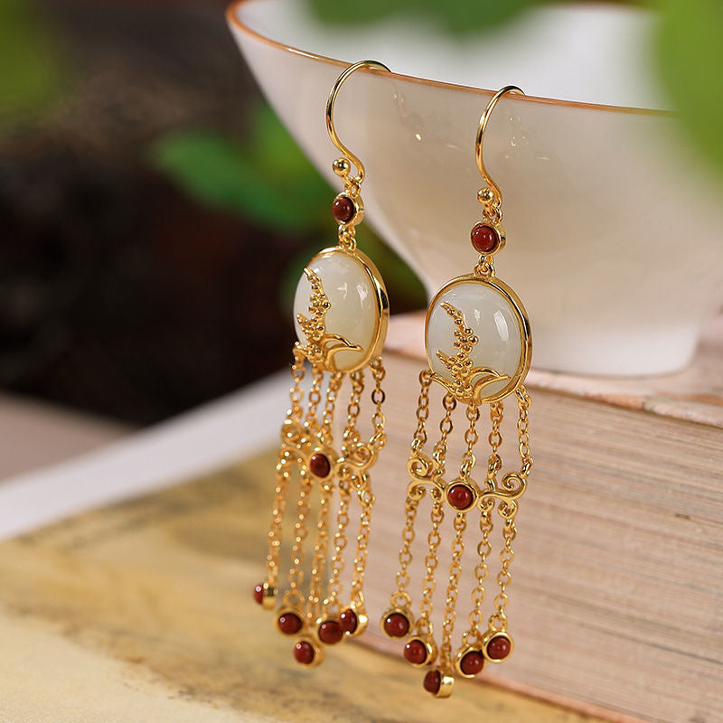 Natural Green Jade Southern Red Agate Earrings