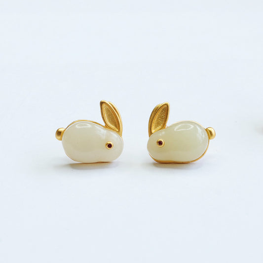 Natural Hetian jade Feng Shui Rabbit Earrings