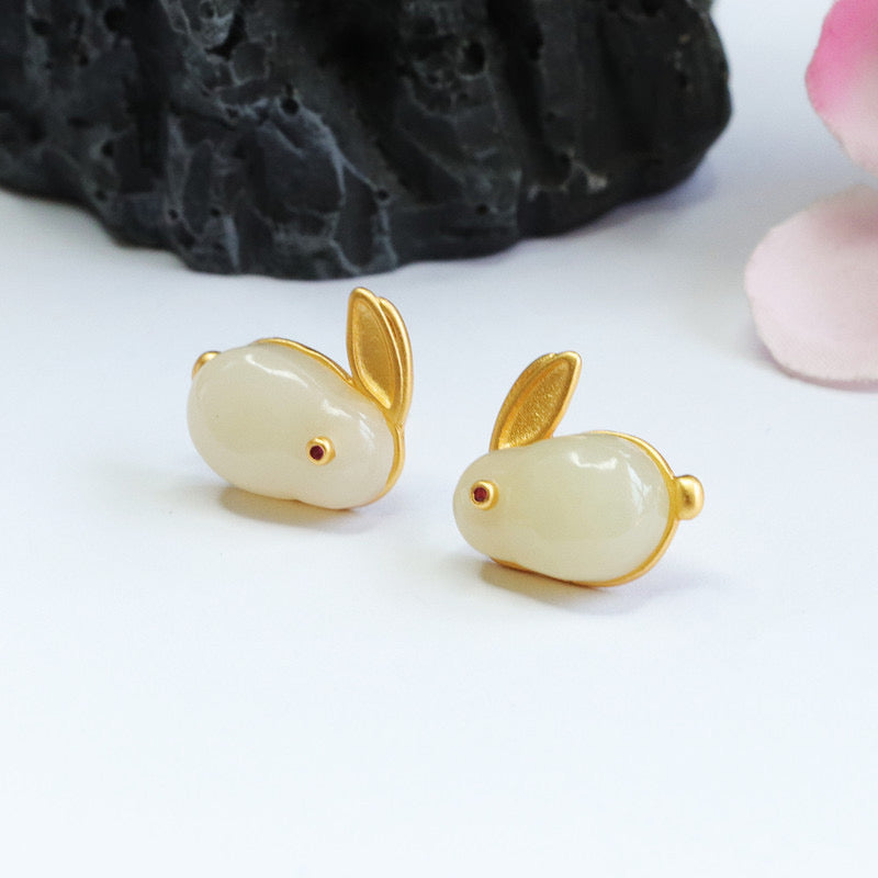 Natural Hetian jade Feng Shui Rabbit Earrings