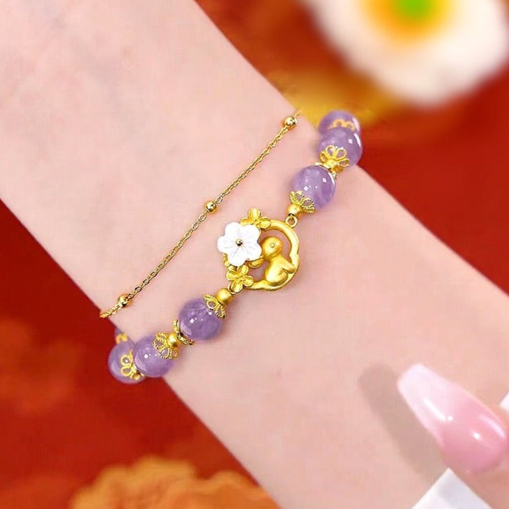 Natural Purple Jade Feng Shui Rabbit & Flower Bracelet