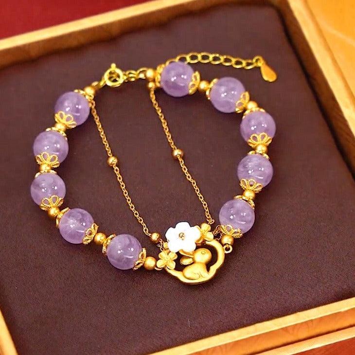 Natural Purple Jade Feng Shui Rabbit & Flower Bracelet