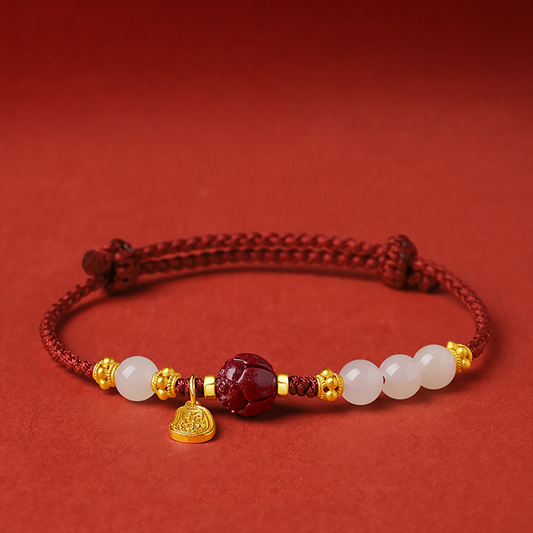 Natural Hetian Jade Feng Shui Red Lotus Rope Bracelet