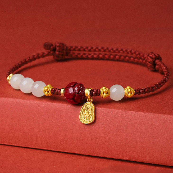 Natural Hetian Jade Feng Shui Red Lotus Rope Bracelet