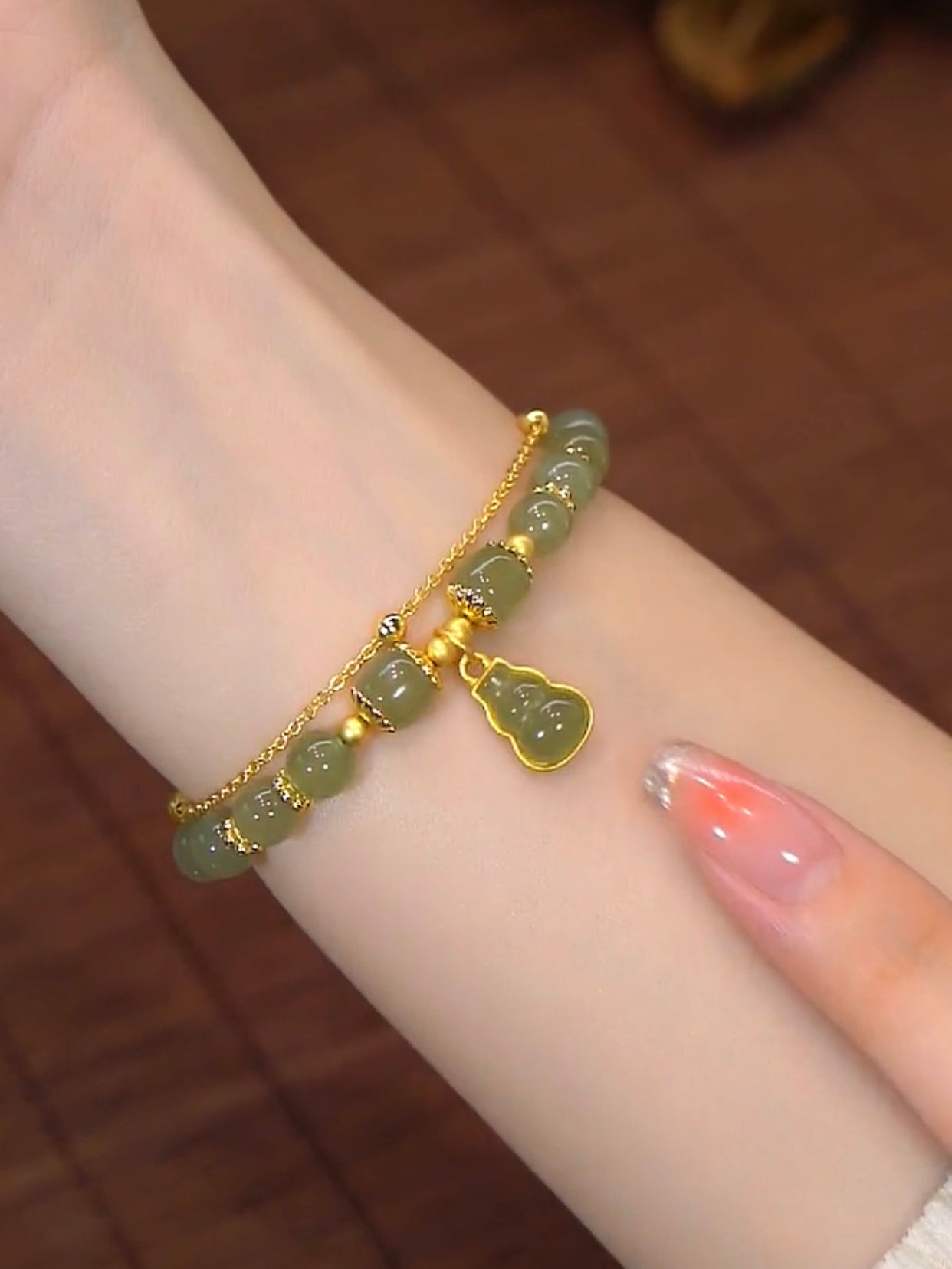 Natural Hetian Green Jade Feng Shui Calabash Wealth Bracelet
