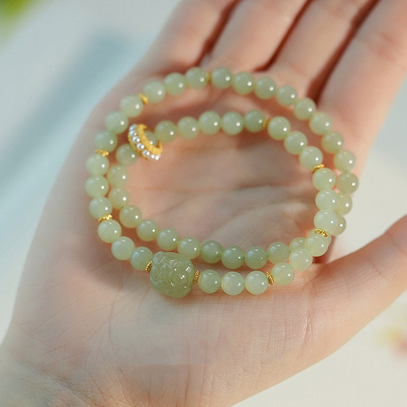 Natural Hetian Jade Pearls Prosperity Double Layer Bracelet
