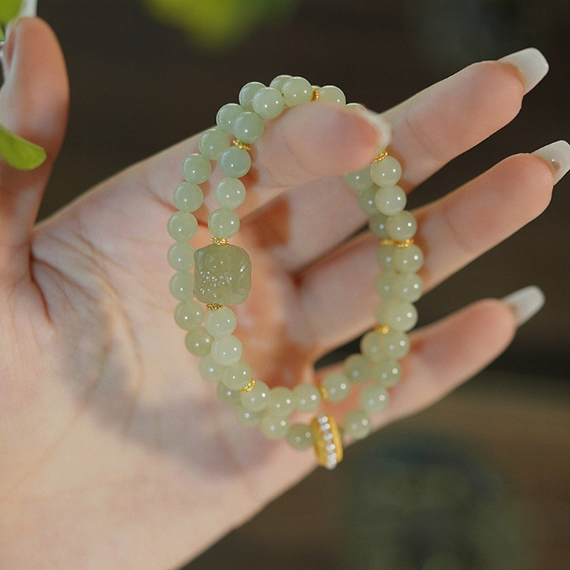 Natural Hetian Jade Pearls Prosperity Double Layer Bracelet