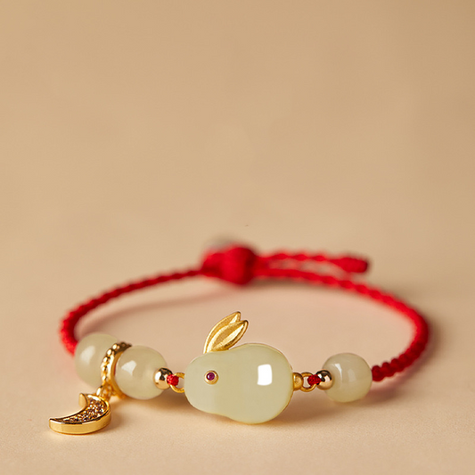 Natural Hetian Green Jade Feng Shui Rabbit Red Rope Bracelet