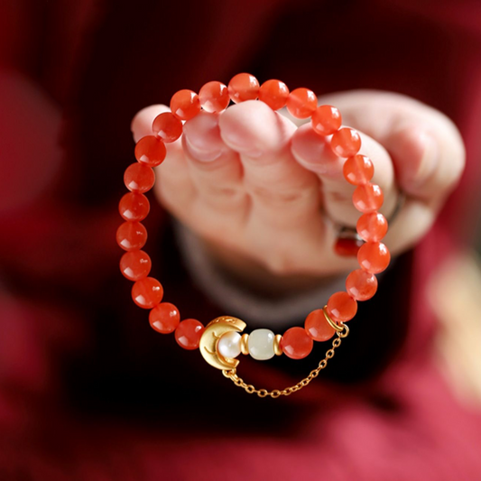 Natural Red Agate Hetian Jade Feng Shui Moon Bracelet