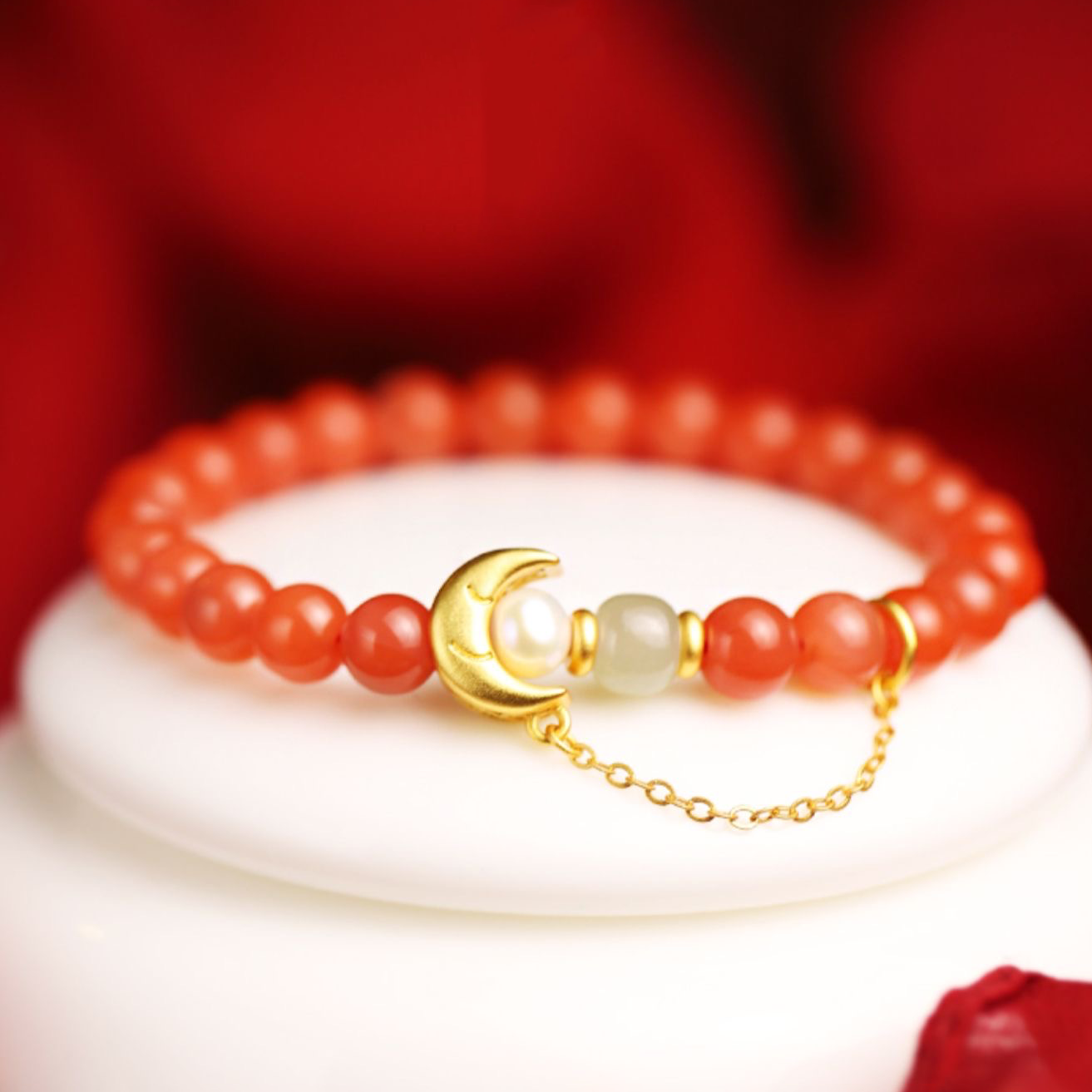 Natural Red Agate Hetian Jade Feng Shui Moon Bracelet