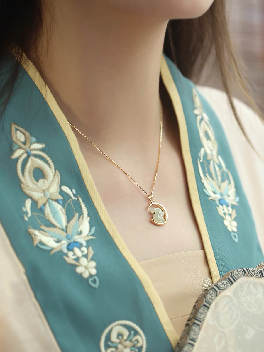 Natural Hetian Jade Feng Shui Rabbit & Moon Luck Pendant