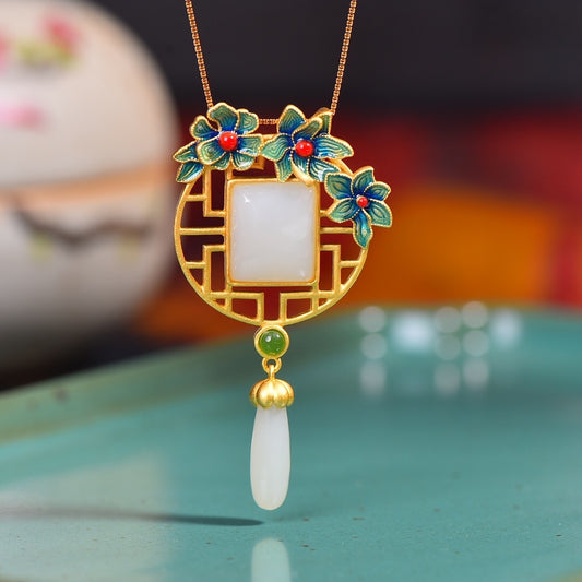 Natural Hetian Jade Enamel Flower Wealth Pendant