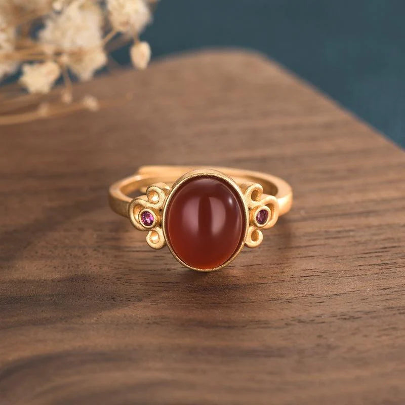 Wealth Natural Red Agate Gold  Ring