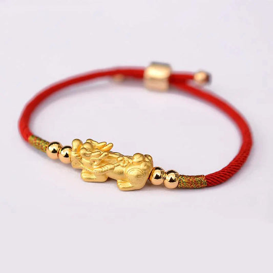 Pure Silver +24k FENG SHUI LUCKY GOLD INGOT & Red Rope Bracelet